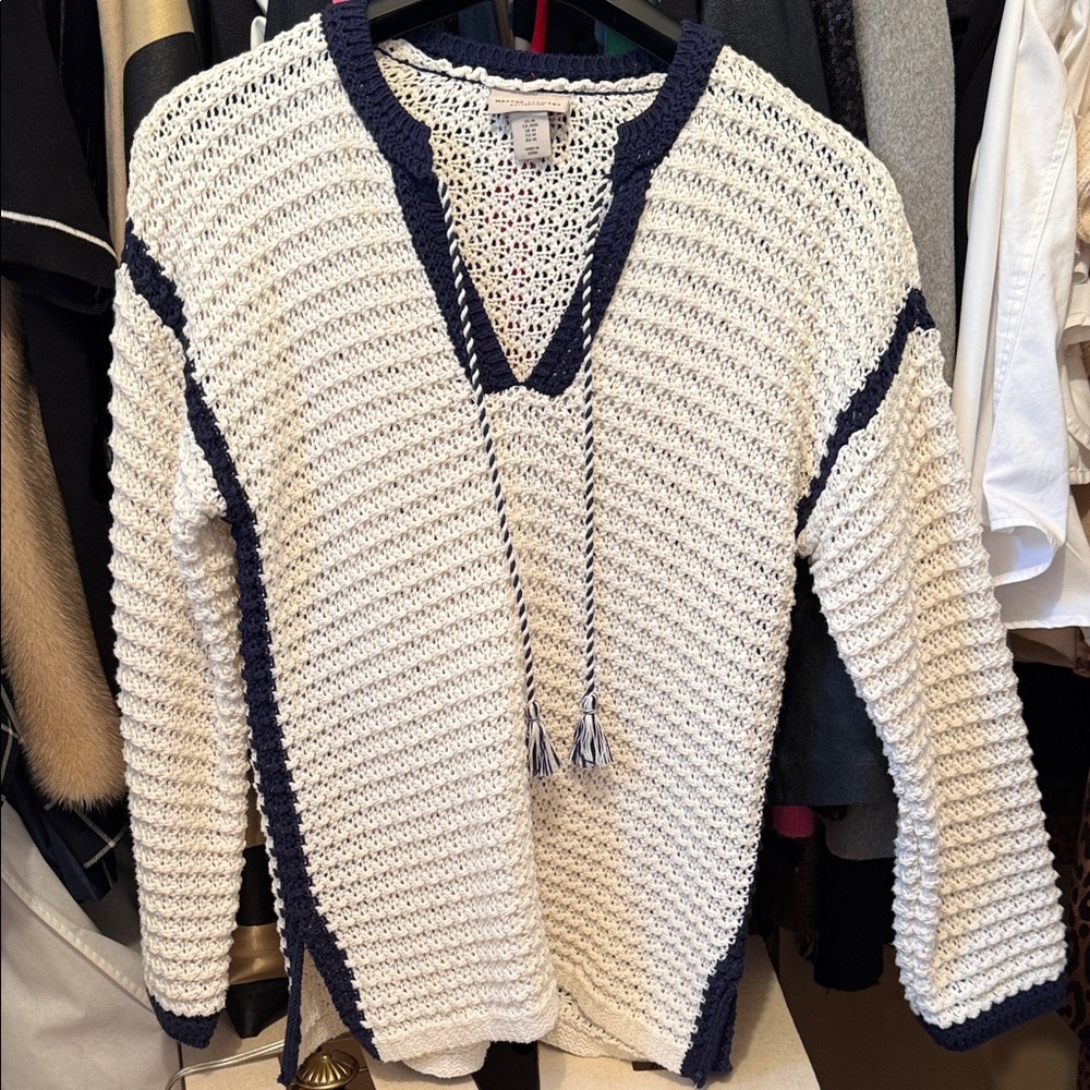 Martha Stewart Cream Crochet V-Neck Sweater with Navy Trim and Tassels NWOT